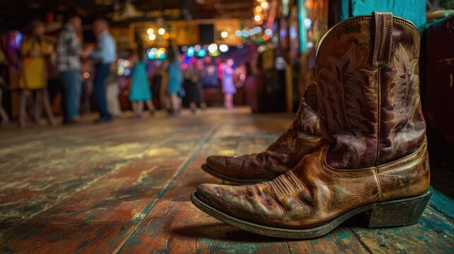 A pair of worn cowboy boots sits on a wooden floor with blurred people dancing in the background at a lively country-themed event.