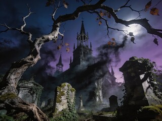Gothic Cemetery at Night Under Moonlight with Bare Trees, Mossy Tombstones, and Misty Atmospheric Fog