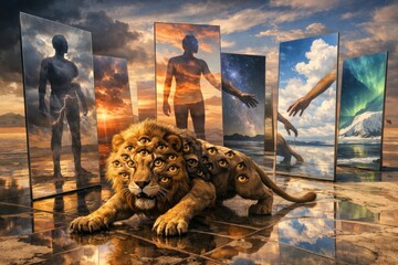 Multi-Eyed Lion Lying Among Reflective Panels Displaying Human Silhouettes Against Cosmic and Natural Backdrops