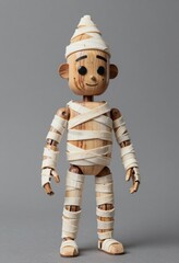 Wooden Mummy Figure Wrapped in White Bandages Standing Against Gray Background &ndash; Cute Cartoon Character Toy