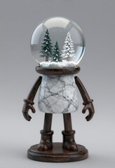 Snow globe robot sculpture featuring pine trees, marble torso, wooden limbs, festive winter scene inside glass dome