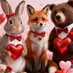 Adorable cartoon animals holding red heart balloons for Valentine&rsquo;s Day celebration