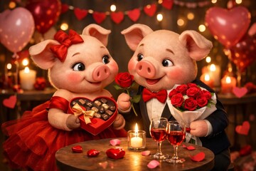 Cute cartoon pigs celebrating Valentine&rsquo;s Day with chocolates roses wine candles heart decorations romantic dinner