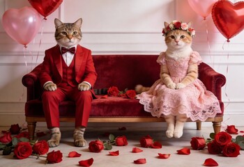 Adorable cat couple dressed elegantly in red and pink Valentine&rsquo;s Day romance scene with roses balloons