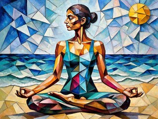 Geometric Abstract Woman Meditating Beach Yoga Pose With Sun And Ocean Background In Vibrant Color Palette