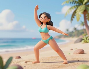 Young woman practicing yoga on sunny tropical beach wearing turquoise bikini under palm trees
