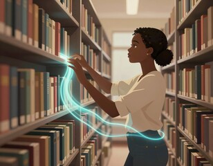 Young woman exploring library shelves with glowing digital connection between books and hands