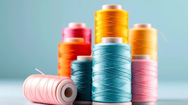 Vibrant spools of thread in various colors, perfect for sewing and crafting projects, on a light blue background.