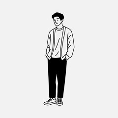 Minimalist line art illustration of a stylish young man in casual outfit
