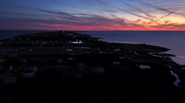 Outer Banks Pamlico Sound Sunset over Hatteras Island NC - Aerial 4K