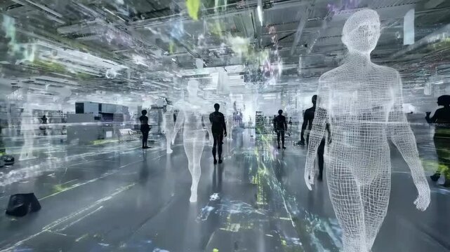 Futuristic Digital Workspace with Virtual Human Avatars and Flowing Data Streams