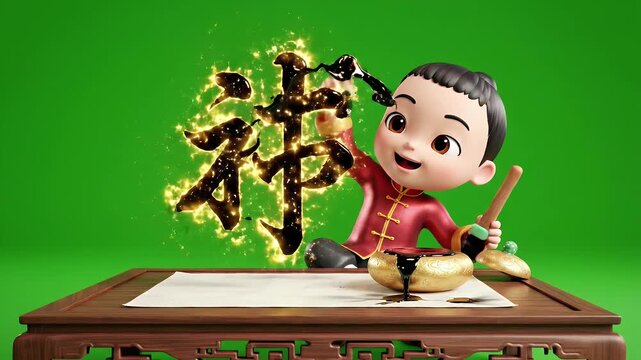 Chinese Calligraphy Art - A cartoon boy wearing a red shirt is depicted using a calligraphy brush to create traditional Chinese writing in black ink.