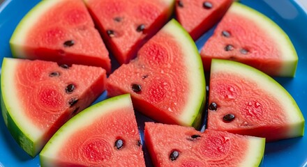 Fresh watermelon slices on blue plate illustration