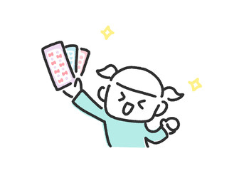 シールを手に持って大喜びする笑顔の女の子のかわいい手描きの線画