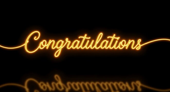Glowing orange neon 'Congratulations' text with reflection on black background, modern, celebration, event, announcement