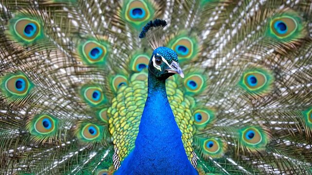 Blue Peacock with Fanned Tail Feathers Close Up Full Frame