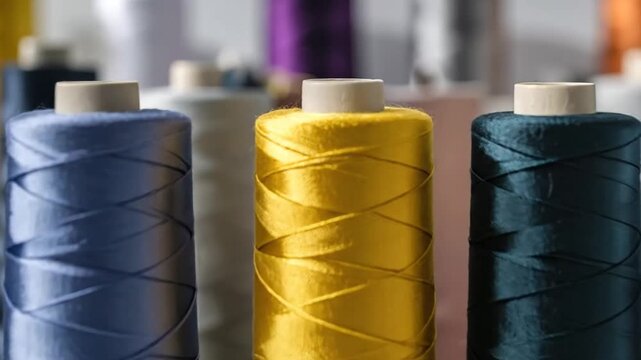 Vibrant spools of thread in various colors, arranged on a white surface with a soft background.