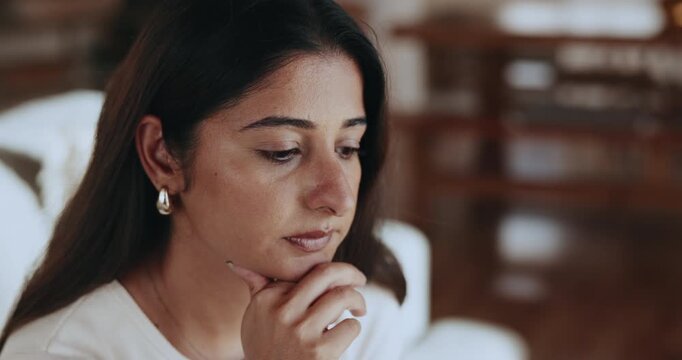 Home, thinking and woman with anxiety, reflection and contemplation with pressure. Emotion, mental health or person with depression, memory or thoughtful with burnout, concerned or worried with loss