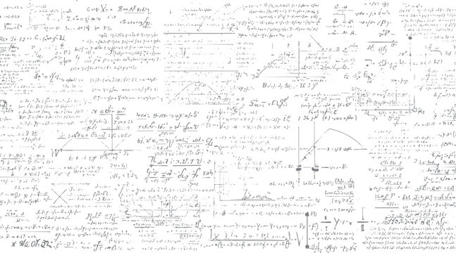 Handwritten mathematical equations and scientific formulas scattered across a white background with faint grey lines and dots