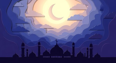 A peaceful night view of a mosque under the moonlight illustration