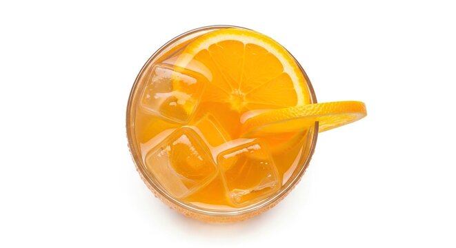 Topdown view of orange drink with ice and orange slices in clear glass isolated on white