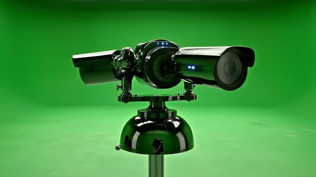 Glossy, black, multifaceted surveillance device with three lens and LED lights against green backdrop