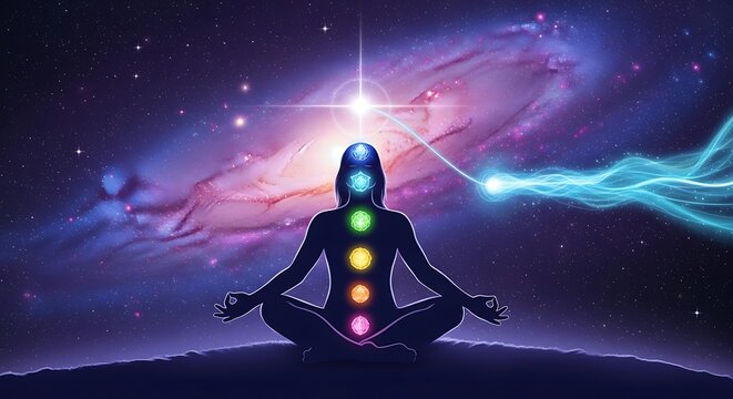 Meditative figure with seven chakras in a cosmic setting