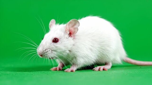 Cute white mouse with pink eyes posing on green backdrop studio shot