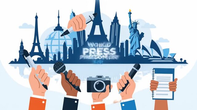 Global Press Freedom Concept with Iconic Landmarks and Media Tools