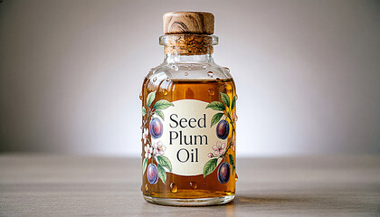 Elegant glass bottle of Seed Plum Oil with a decorative label, perfect for culinary or wellness use