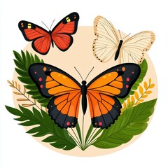 Obraz premium Vibrant Orange Red and White Butterflies with Lush Green Tropical Leaves on Beige Background