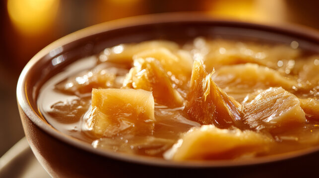 Fish maw soup in ceramic bowl close up shot with warm lighting and thick broth, delicious and comforting food
