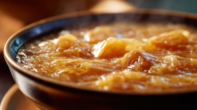 fish maw soup served in ceramic bowl with rich broth and tender texture, warm and comforting meal