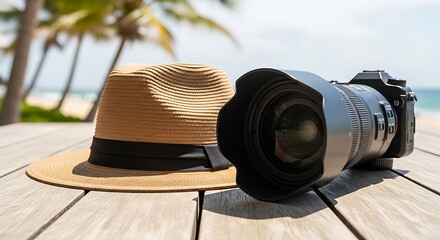 Camera and hat on a wooden table illustration