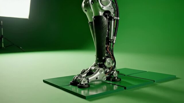 A robotic leg on a green surface with square platforms, lit by a softbox, on a green backdrop