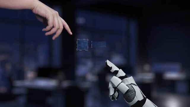 A modern workspace where a robotic hand interacts with a digital interface showcasing agile concepts through various icons and graphs, symbolizing innovation. Synapse