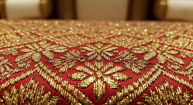 Intricate Red and Gold Indonesian Songket Pattern