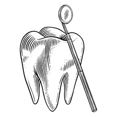 Tooth with Dental Inspection Mirror Sketch Illustration