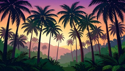 A serene tropical landscape with palm trees at sunset