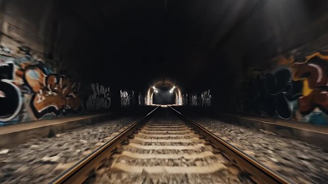 A train tunnel with graffiti-covered walls, rails lead to bright distant exit. Overhead lights illuminate