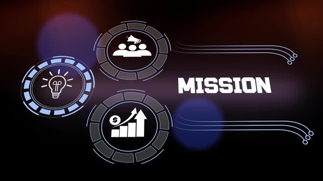 Corporate mission statement and business goal setting motion graphic featuring leadership and successful teamwork icons