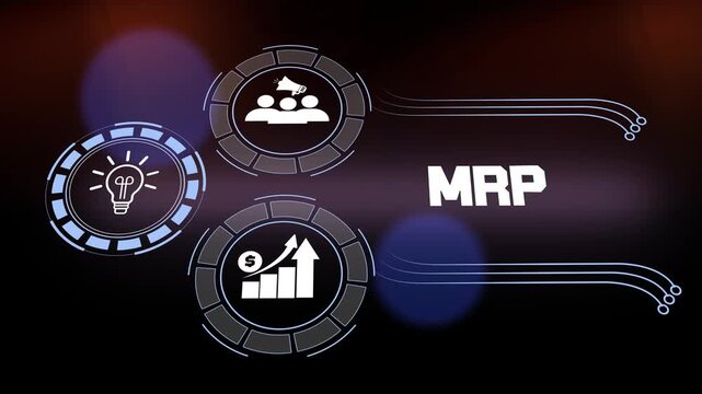 Material requirements planning and industrial workflow management motion graphic featuring icons of business growth