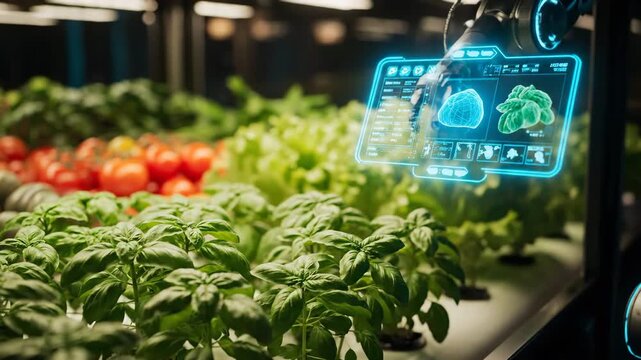 A robotic arm touches a glowing blue holographic display showing plant data above rows of lush green lettuce and ripe red tomatoes in a high-tech vertical farm setting.