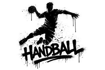 Naklejka premium Dynamic handball splash art with player in action and graffiti style text