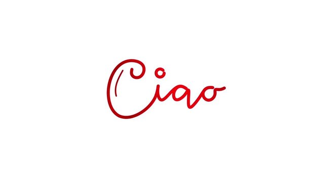 Ciao text word One line continuous animated typography intro outro animation video, hand drawn calligraphy monoline lettering vintage single line handwriting italian greeting red type on white bg