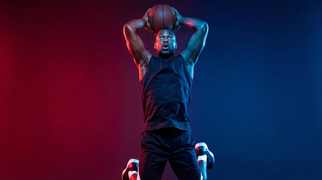 Athletic young man jumping with basketball in neon red and blue light