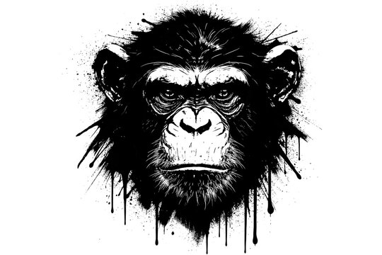 Grunge style monkey head with dripping ink effect on white background