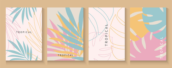 Obraz premium Botanical wall art with abstract shape for print. summer Minimal natural wall art. Tropical leaf poster, cards, banner, cover background. Modern Boho foliage tropical leaves and floral.
