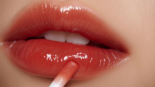 Glossy orange lip gloss application on smooth lips close up, natural beauty cosmetic lips, 4k video.