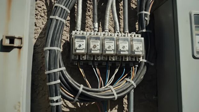Close-up of electrical boxes, conduits, and wiring on a textured wall, with an apparent exterior setting